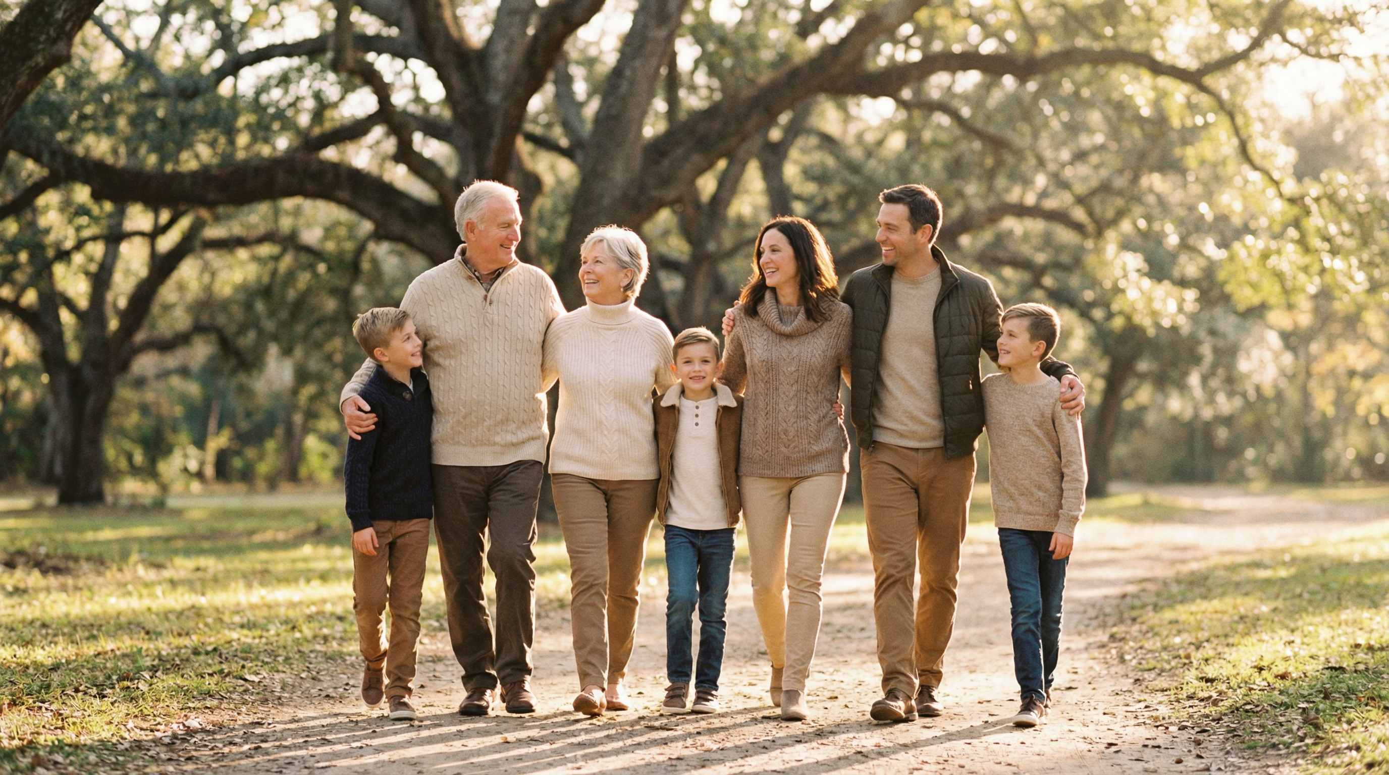 Multi-generational family walking in a park